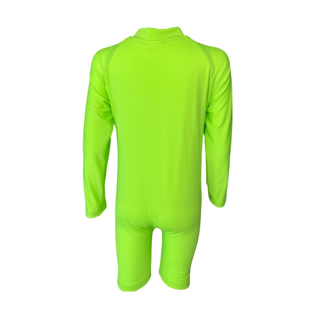 Toddlers bright lime neon Onesie in bright vibrant colours. Long sleeves, high neck cover. UPF50+ certified. Front zip. Dermatologist approved. Water safety essential to spot kids easily.
