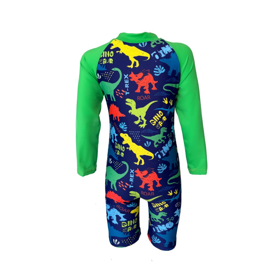 Dinosaurs Print Onesie in bright vibrant colours. Long sleeves, high neck cover. UPF50+ certified. Front zip. Dermatologist approved