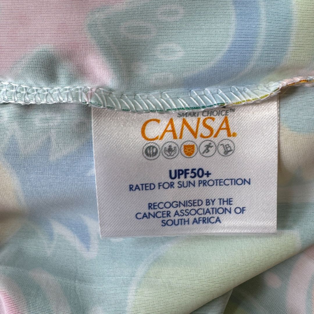 Girls Pink Tropical Fruit Rash Vest and | Swim Shorts Set. Swim apparel. Long Sleeves, High Neck, UPF50+ Sun protection. Dermatologist approved