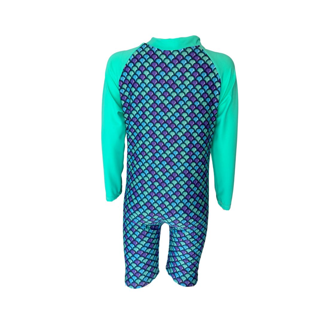 Girls Mermaid Onesie in bright vibrant colours. Long sleeves, high neck cover. UPF50+ certified. Front zip. Dermatologist approved.