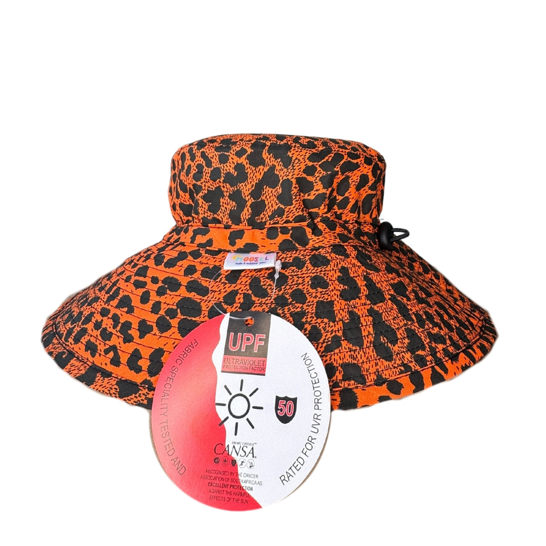 Orange Leopard Print Bucket Hat. Extra wide brim for sun protection. UPF50+ Adjustable strap.