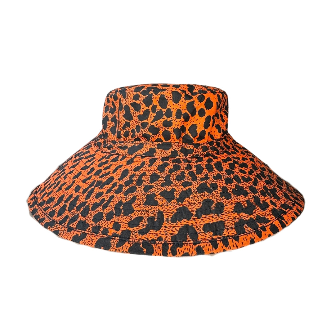 Orange Leopard Print Bucket Hat. Extra wide brim for sun protection. UPF50+ Adjustable strap.