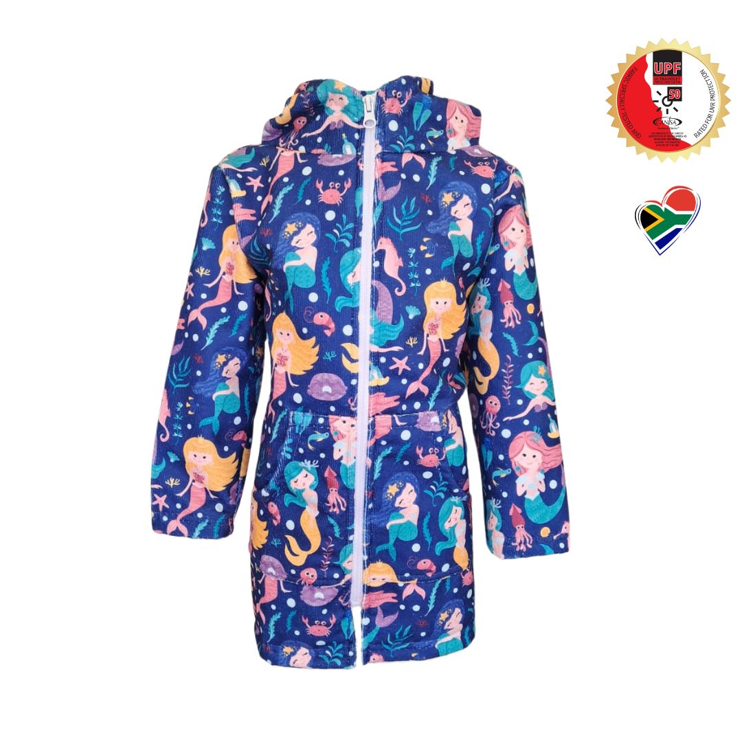 Girls Mermaids Print Hooded Towel | Full Zip, Long Sleeve