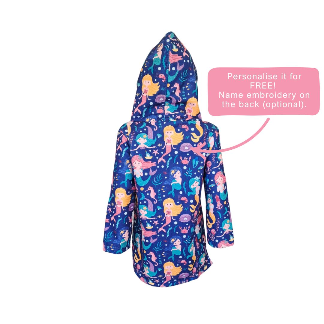 Girls Mermaids Print Hooded Towel | Full Zip, Long Sleeve