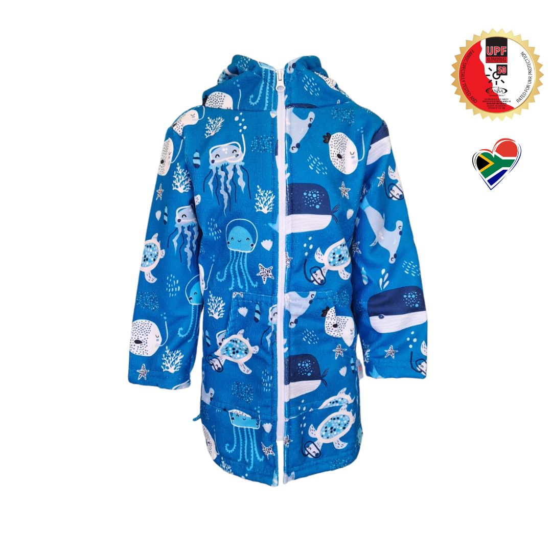 Boys Sea Creatures Hooded Towel | Full Zip, Long Sleeve