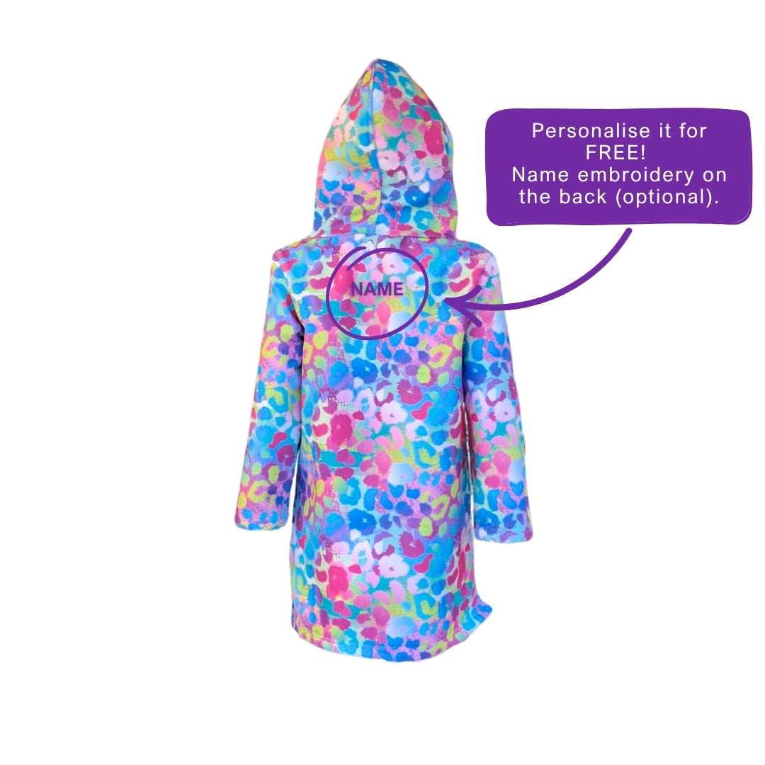 Girls Leopard Print Hooded Towel. Beach accessory. Hoodie to cover head. Long Sleeves. Front Zip & Pockets. UPF50+ Certified