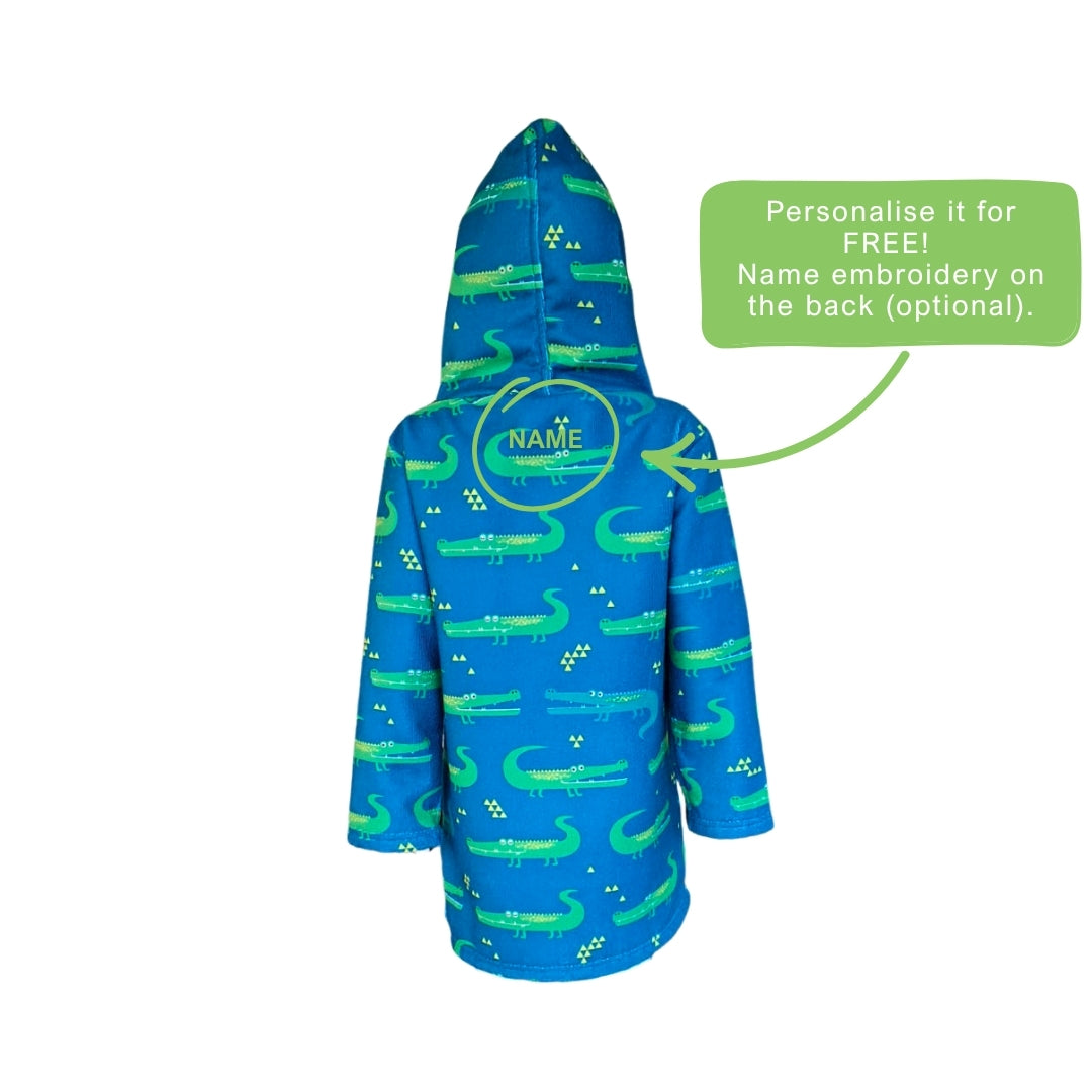 Boys Dinosaur Hooded Towel. Beach accessory. Hoodie to cover head. Long Sleeves. Front Zip & Pockets. UPF50+ Certified