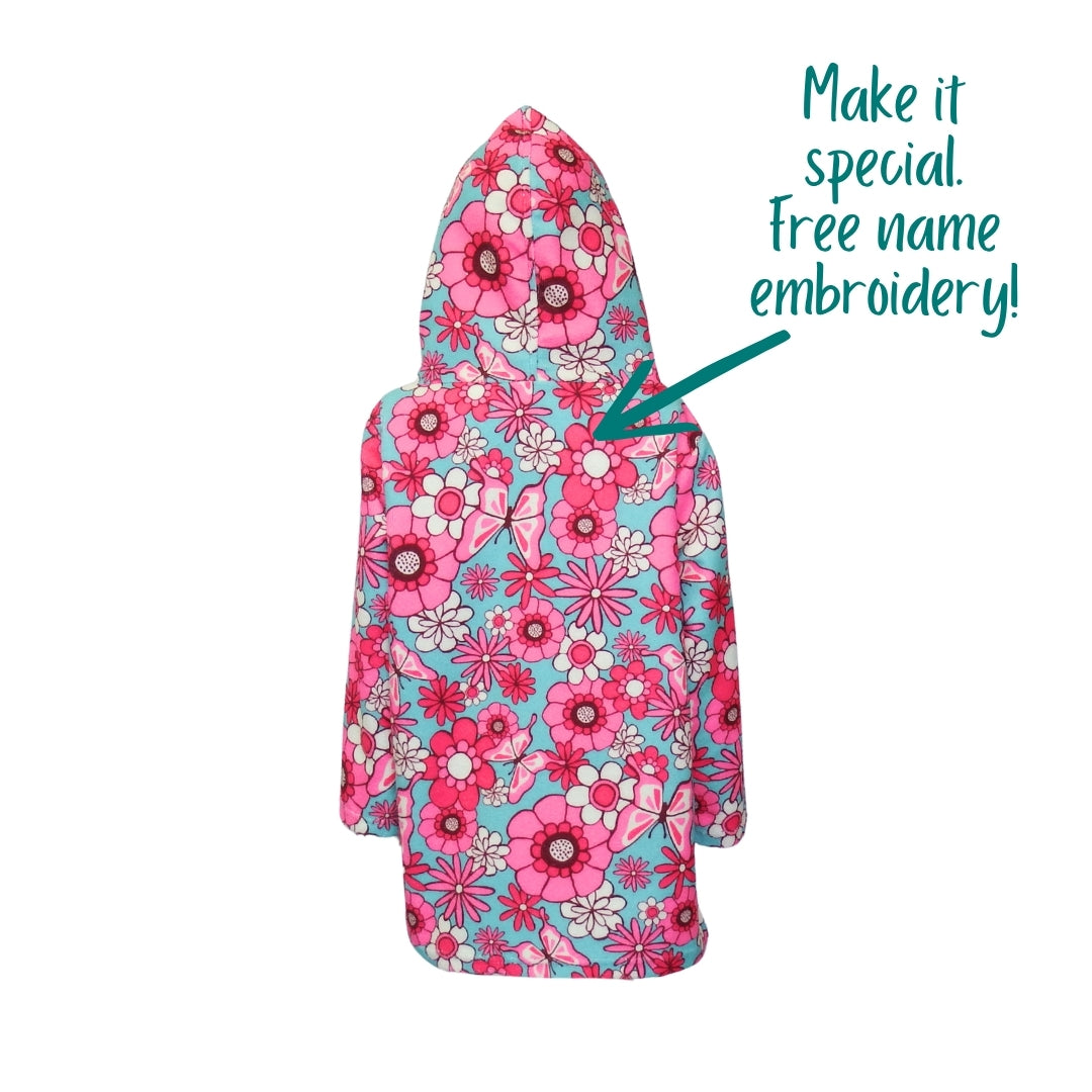 Pink Teal Floral & Butterflies| Hooded Beach Towel, Full Zip