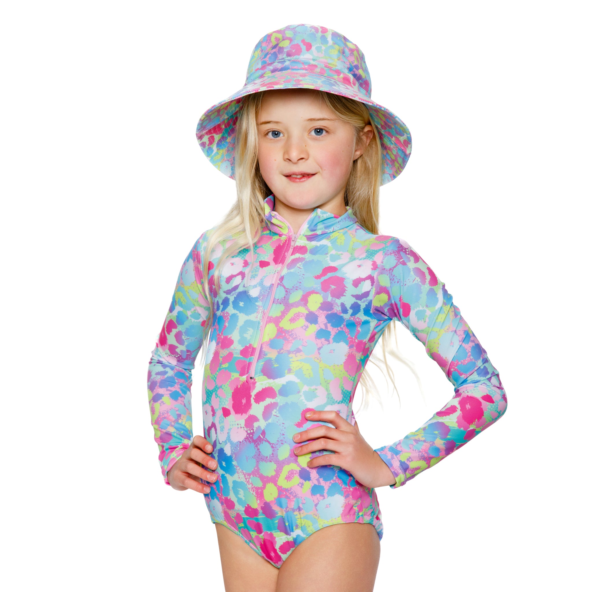 Girls Toddler Leopard Print Swimming Costume. Bathing Suit. Long sleeves, high neck cover. UPF50+ certified. Front zip. Dermatologist approved