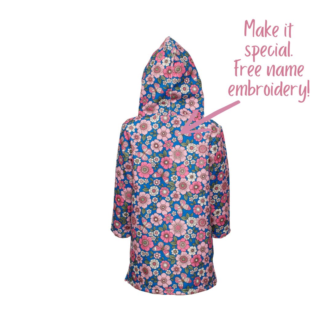 Girls Floral Flowers Pink Purple Hooded Towel. Beach accessory. Hoodie to cover head. Long Sleeves. Front Zip & Pockets. UPF50+ Certified