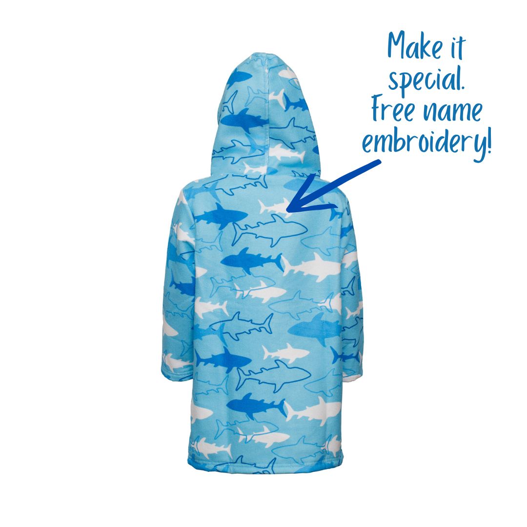 Boys Sharks Hooded Towel. Beach accessory. Hoodie to cover head. Long Sleeves. Front Zip & Pockets. UPF50+ Certified