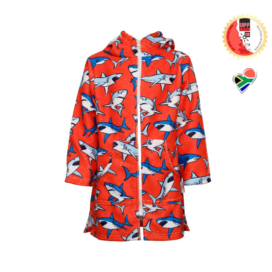 Boys Sharks Hooded Towel. Beach accessory. Hoodie to cover head. Long Sleeves. Front Zip & Pockets. UPF50+ Certified
