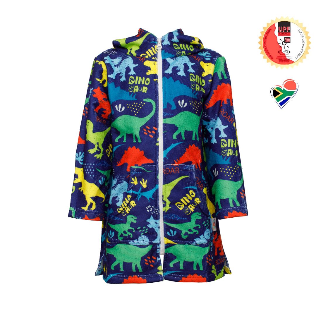 Boys Dinosaurs Hooded Towel. Beach accessory. Hoodie to cover head. Long Sleeves. Front Zip & Pockets. UPF50+ Certified