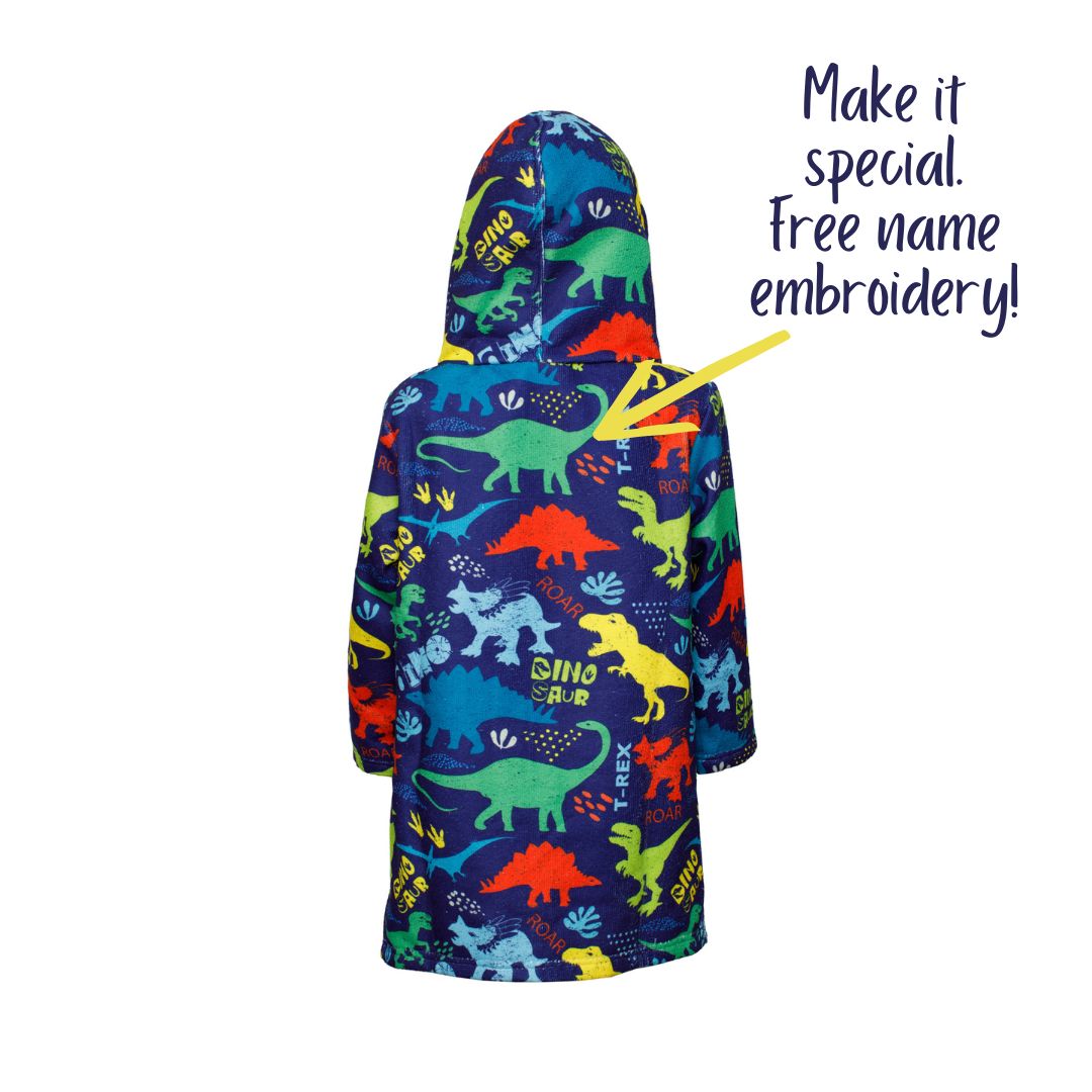 Boys Dinosaurs Hooded Towel. Beach accessory. Hoodie to cover head. Long Sleeves. Front Zip & Pockets. UPF50+ Certified