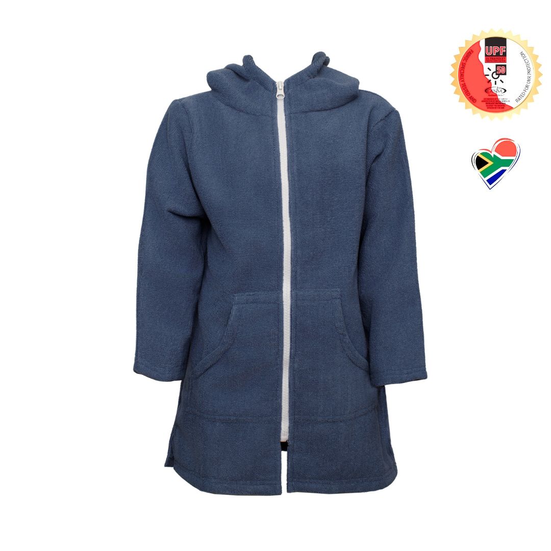 Kids Blue Navy Hooded Towel. Beach accessory. Hoodie to cover head. Long Sleeves. Front Zip & Pockets. UPF50+ Certified