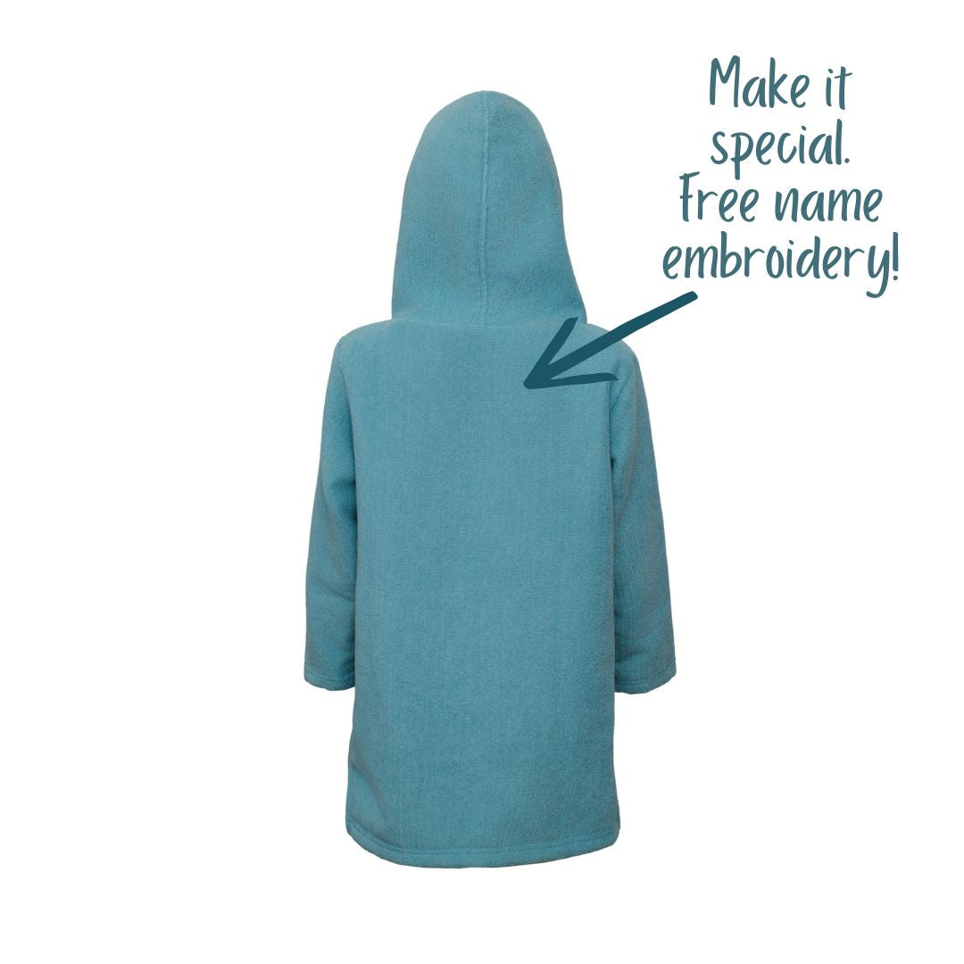Kids Green Teal Hooded Towel. Beach accessory. Hoodie to cover head. Long Sleeves. Front Zip & Pockets. UPF50+ Certified