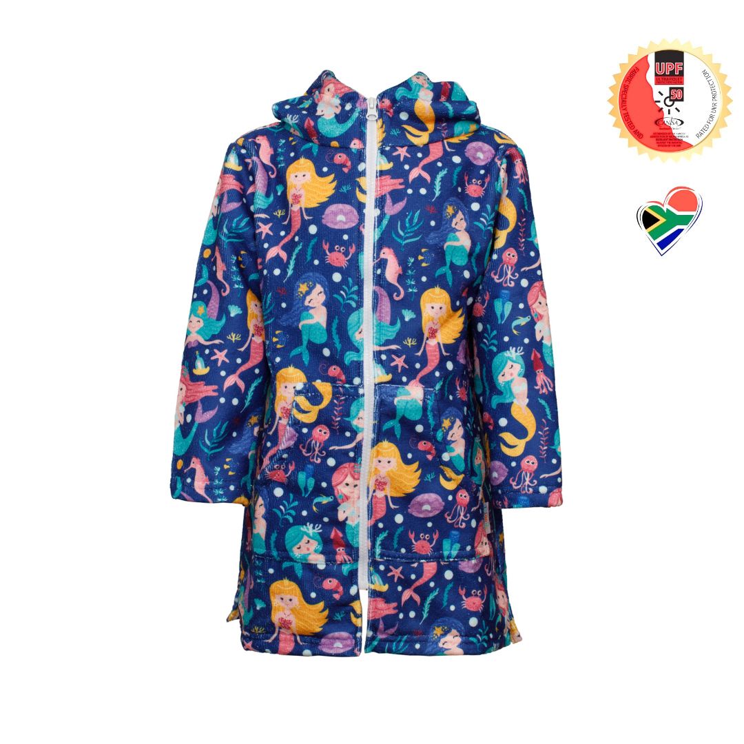Girls Mermaids Hooded Towel. Beach accessory. Hoodie to cover head. Long Sleeves. Front Zip & Pockets. UPF50+ Certified