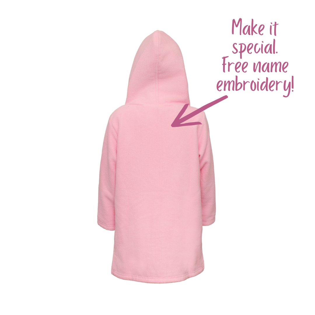Girls Pink Hooded Towel. Beach accessory. Hoodie to cover head. Long Sleeves. Front Zip & Pockets. UPF50+ Certified