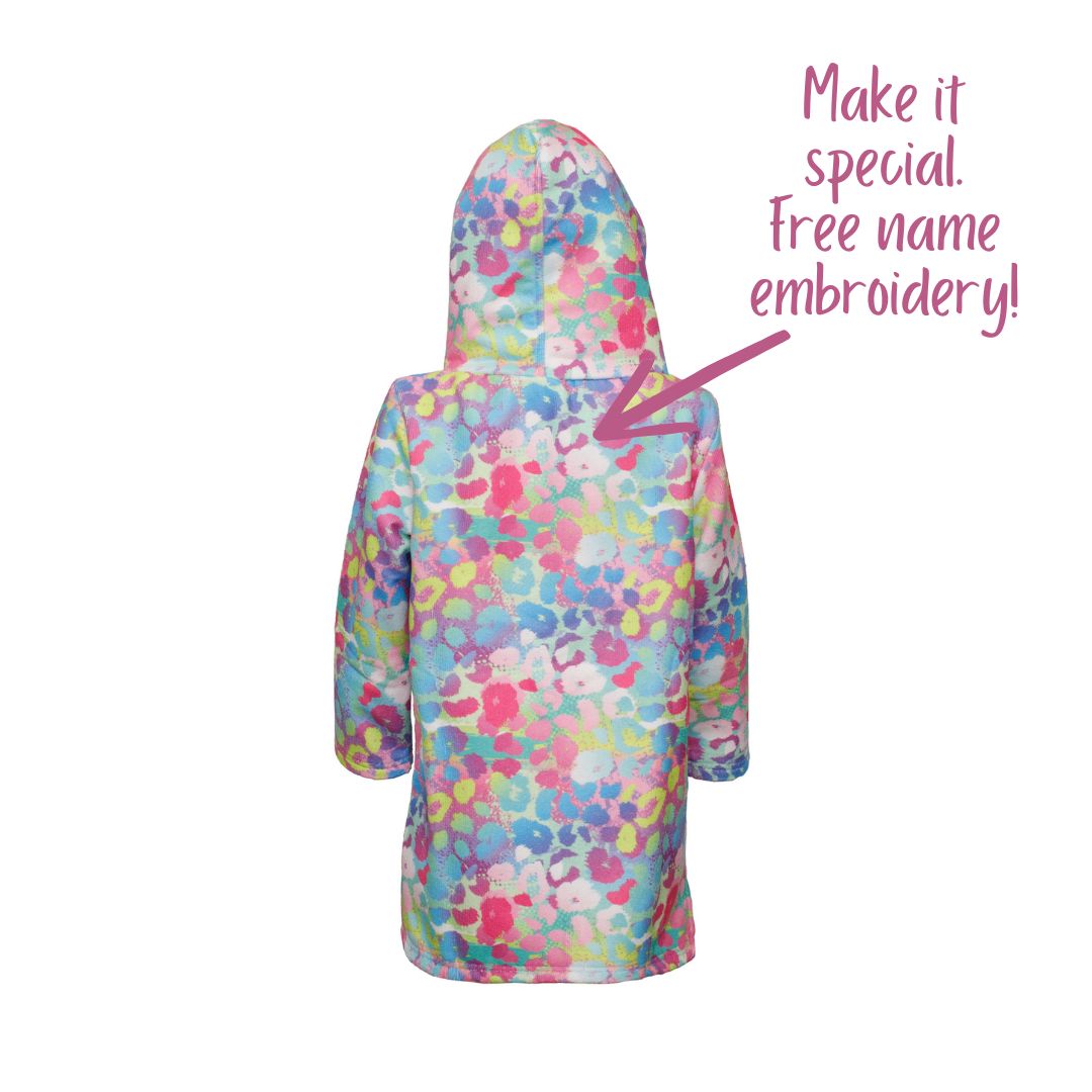 Girls Leopard Print Hooded Towel. Beach accessory. Hoodie to cover head. Long Sleeves. Front Zip & Pockets. UPF50+ Certified