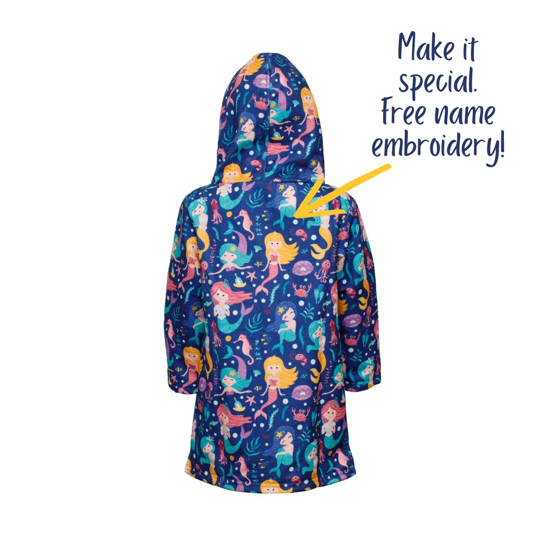 Girls Mermaids Hooded Towel. Beach accessory. Hoodie to cover head. Long Sleeves. Front Zip & Pockets. UPF50+ Certified