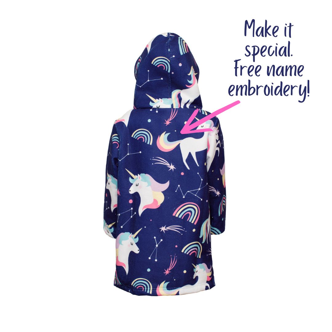 Girls Unicorns Hooded Towel. Beach accessory. Hoodie to cover head. Long Sleeves. Front Zip & Pockets. UPF50+ Certified
