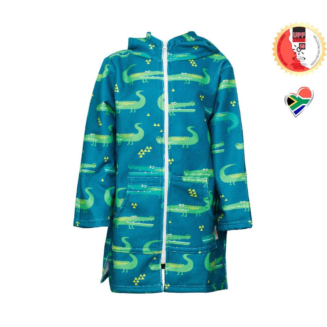 Boys Crocodiles Hooded Towel. Beach accessory. Hoodie to cover head. Long Sleeves. Front Zip & Pockets. UPF50+ Certified