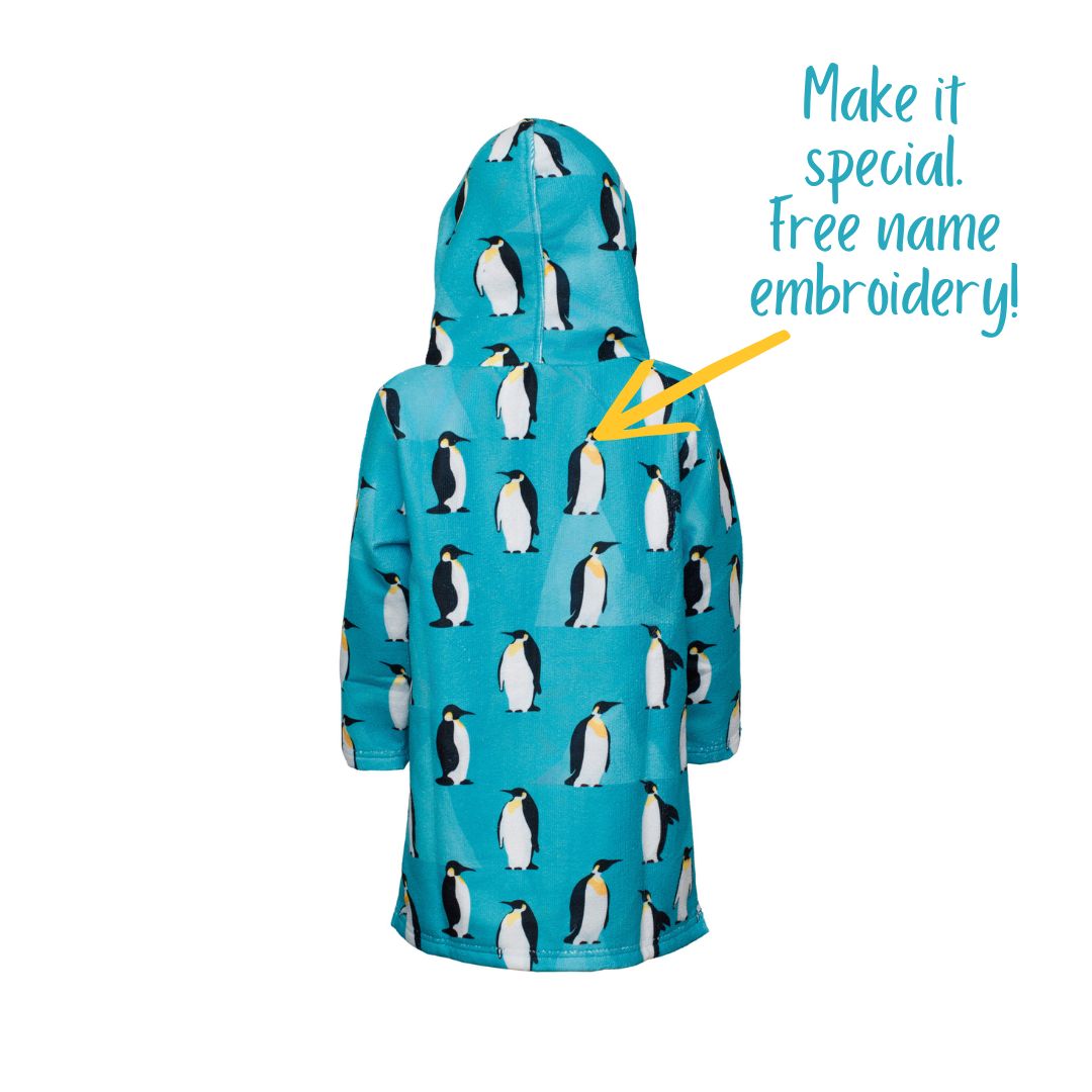 Penguins Hooded Towel. Beach accessory. Hoodie to cover head. Long Sleeves, Zip for easy on off. UPF50+ Pockets.