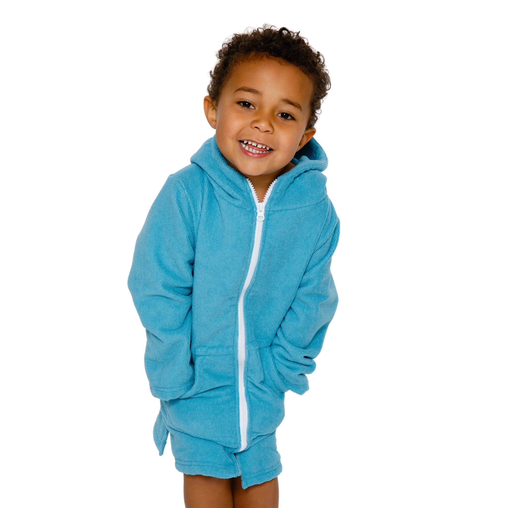 Kids Green Teal Hooded Towel. Beach accessory. Hoodie to cover head. Long Sleeves. Front Zip & Pockets. UPF50+ Certified