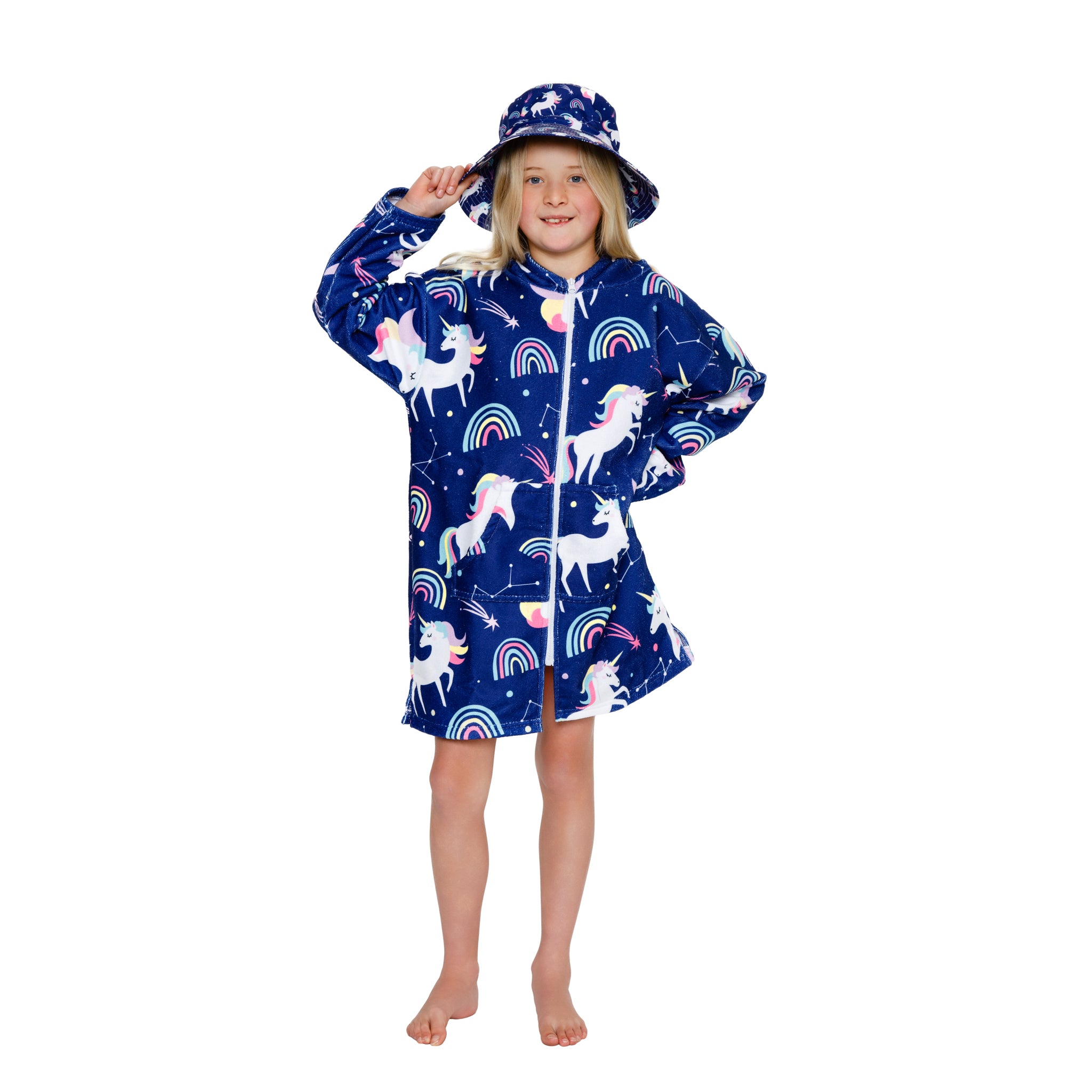 Girls Unicorns Hooded Towel. Beach accessory. Hoodie to cover head. Long Sleeves. Front Zip & Pockets. UPF50+ Certified
