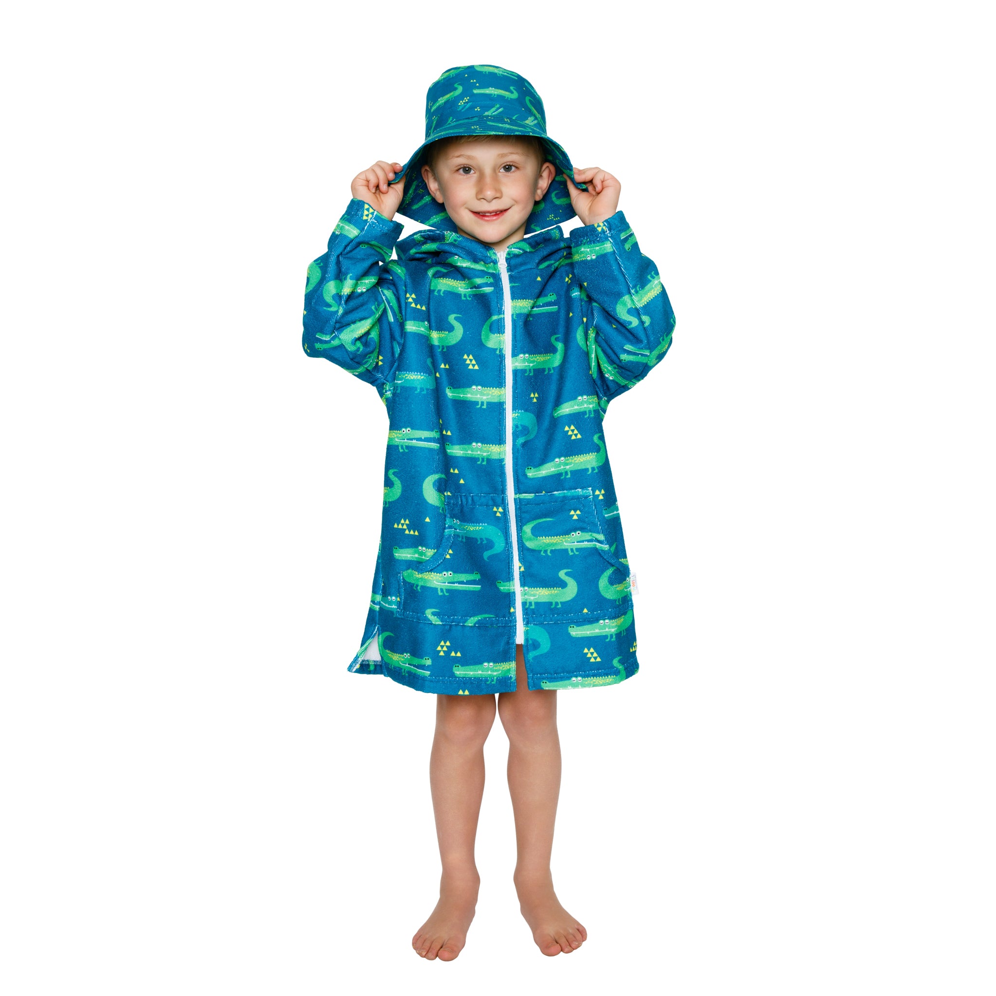Boys Dinosaur Hooded Towel. Beach accessory. Hoodie to cover head. Long Sleeves. Front Zip & Pockets. UPF50+ Certified