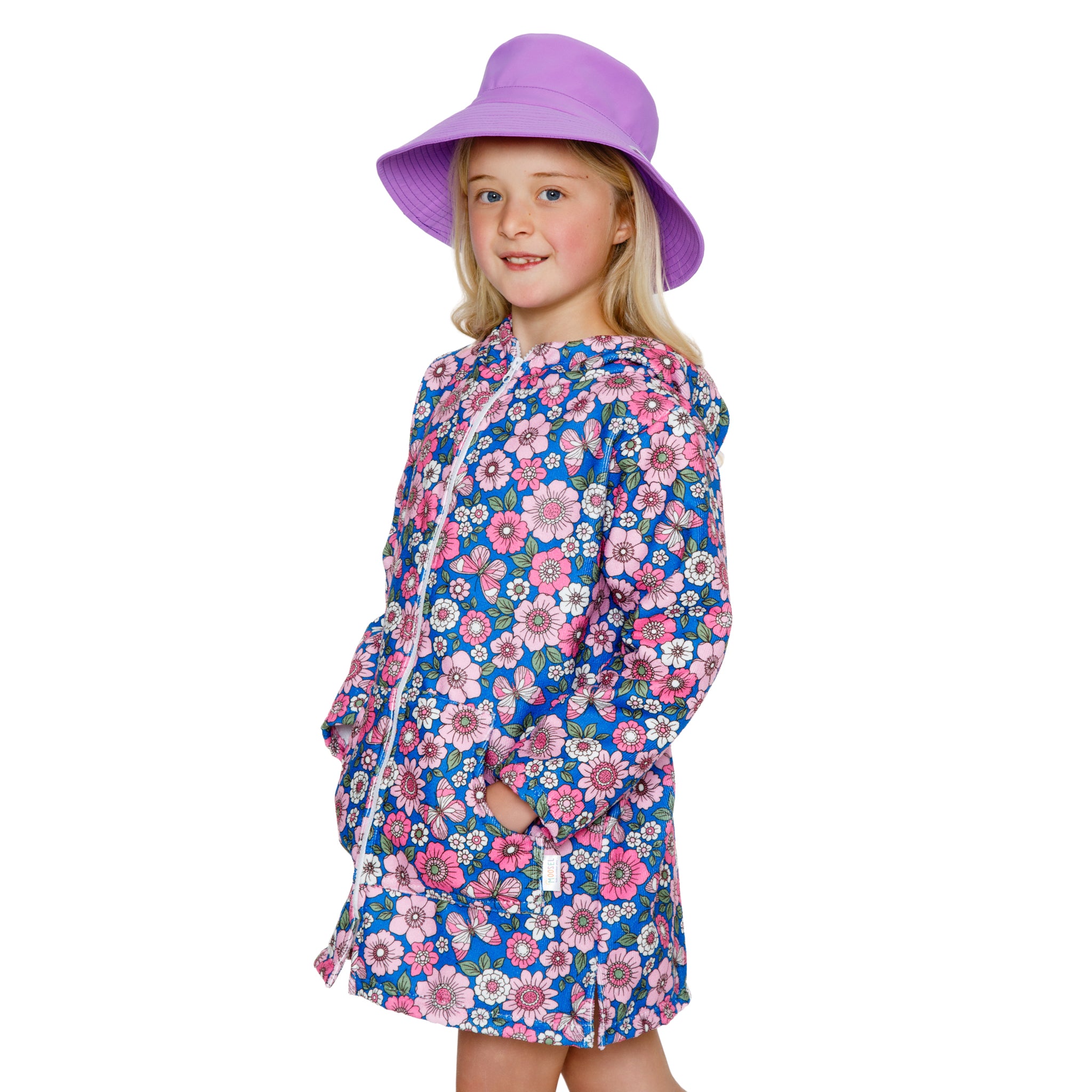Girls Pink Flower Power Hooded Towel | Full Zip, Long Sleeve