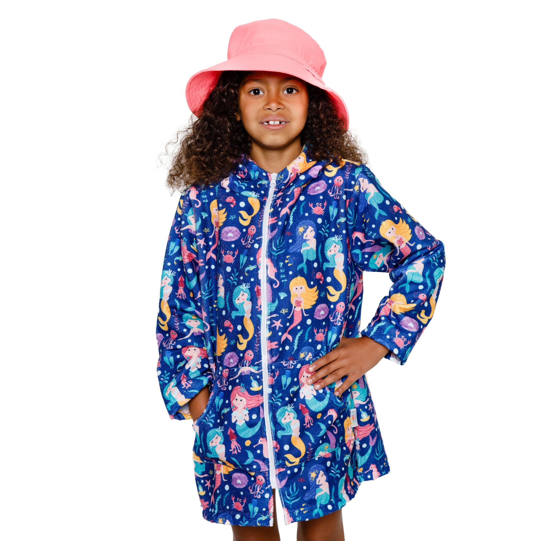 Girls Mermaids Print Hooded Towel | Full Zip, Long Sleeve