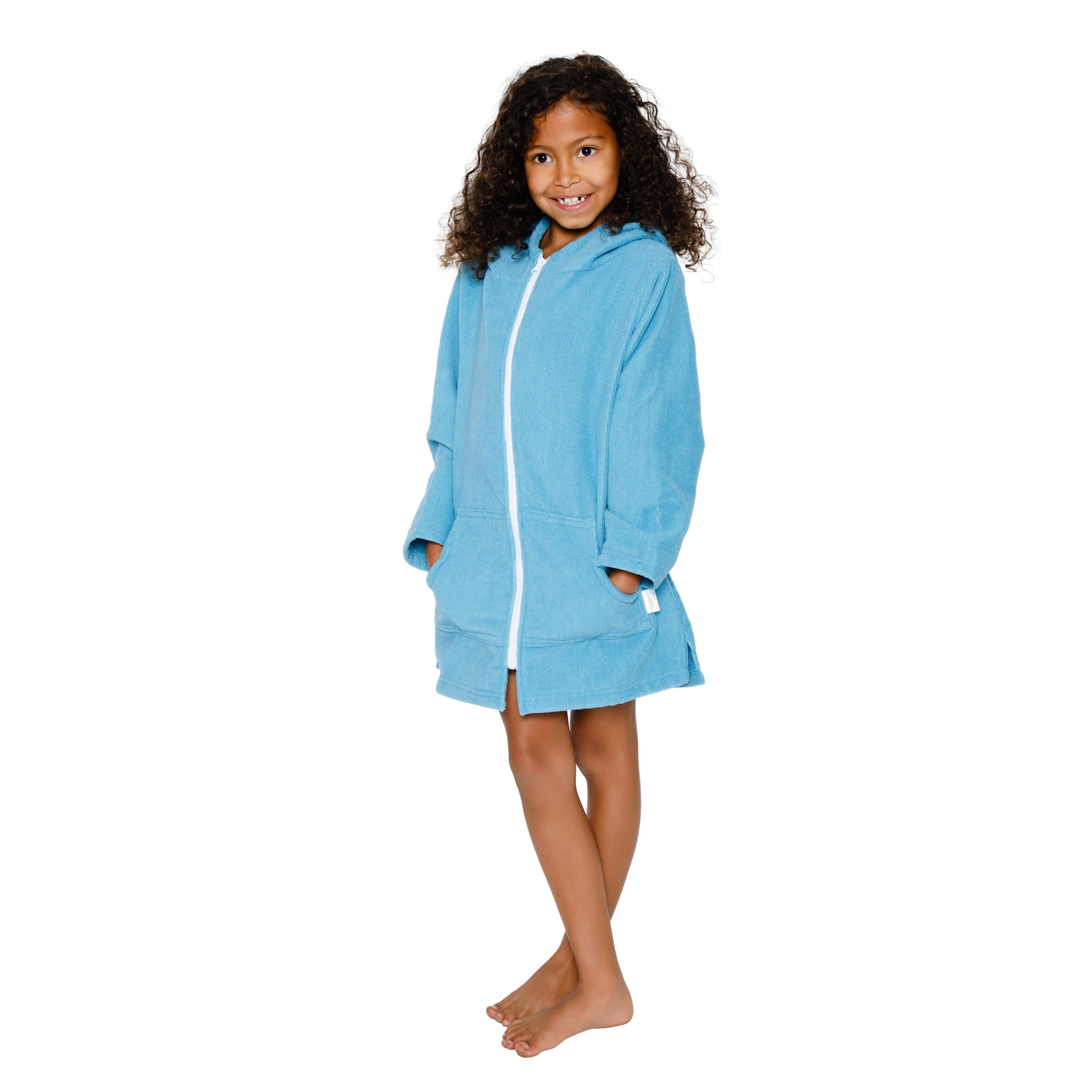 Kids Green Teal Hooded Towel. Beach accessory. Hoodie to cover head. Long Sleeves. Front Zip & Pockets. UPF50+ Certified