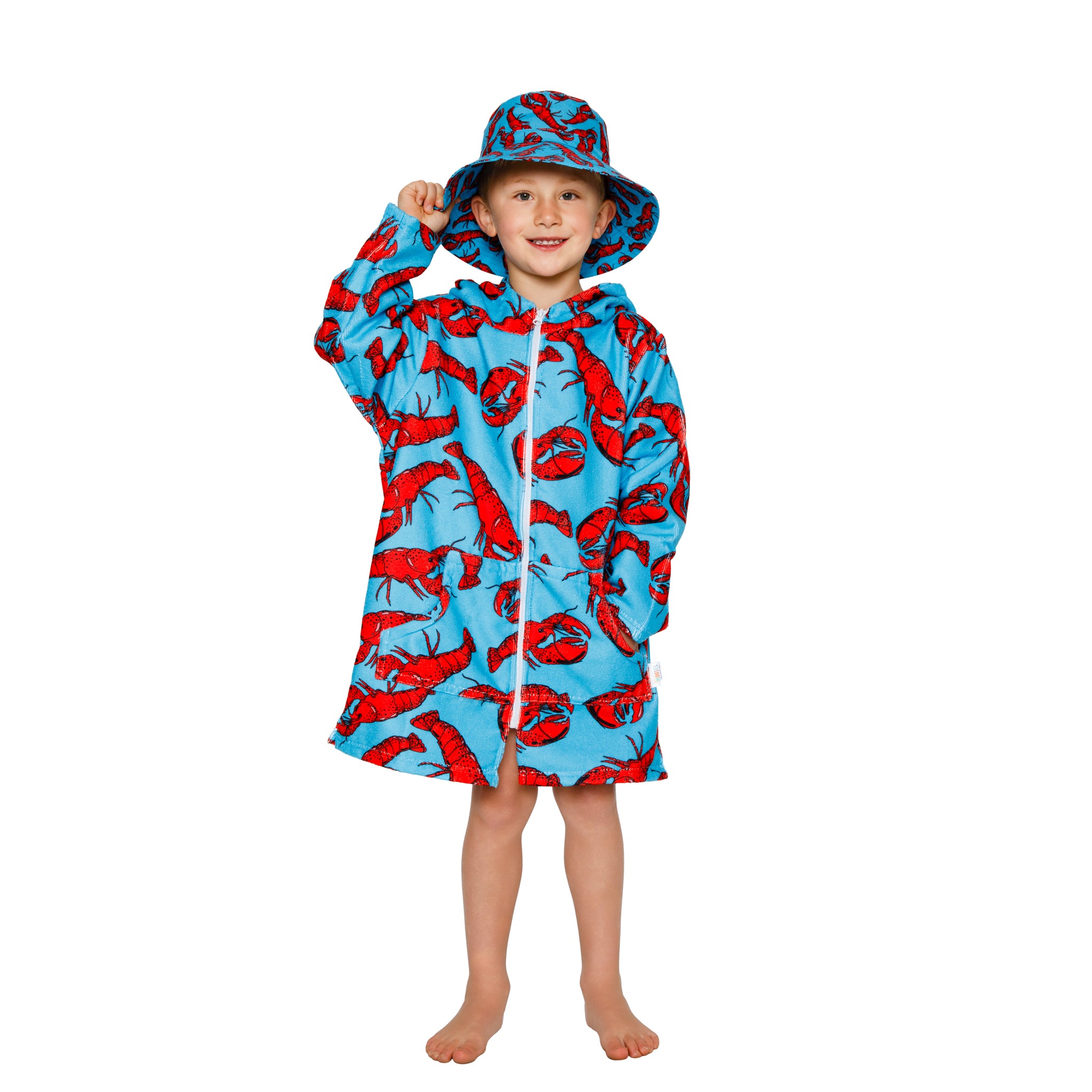 Boys Lobsters Sea Creatures Hooded Towel. Beach accessory. Hoodie to cover head. Long Sleeves. Front Zip & Pockets. UPF50+ Certified
