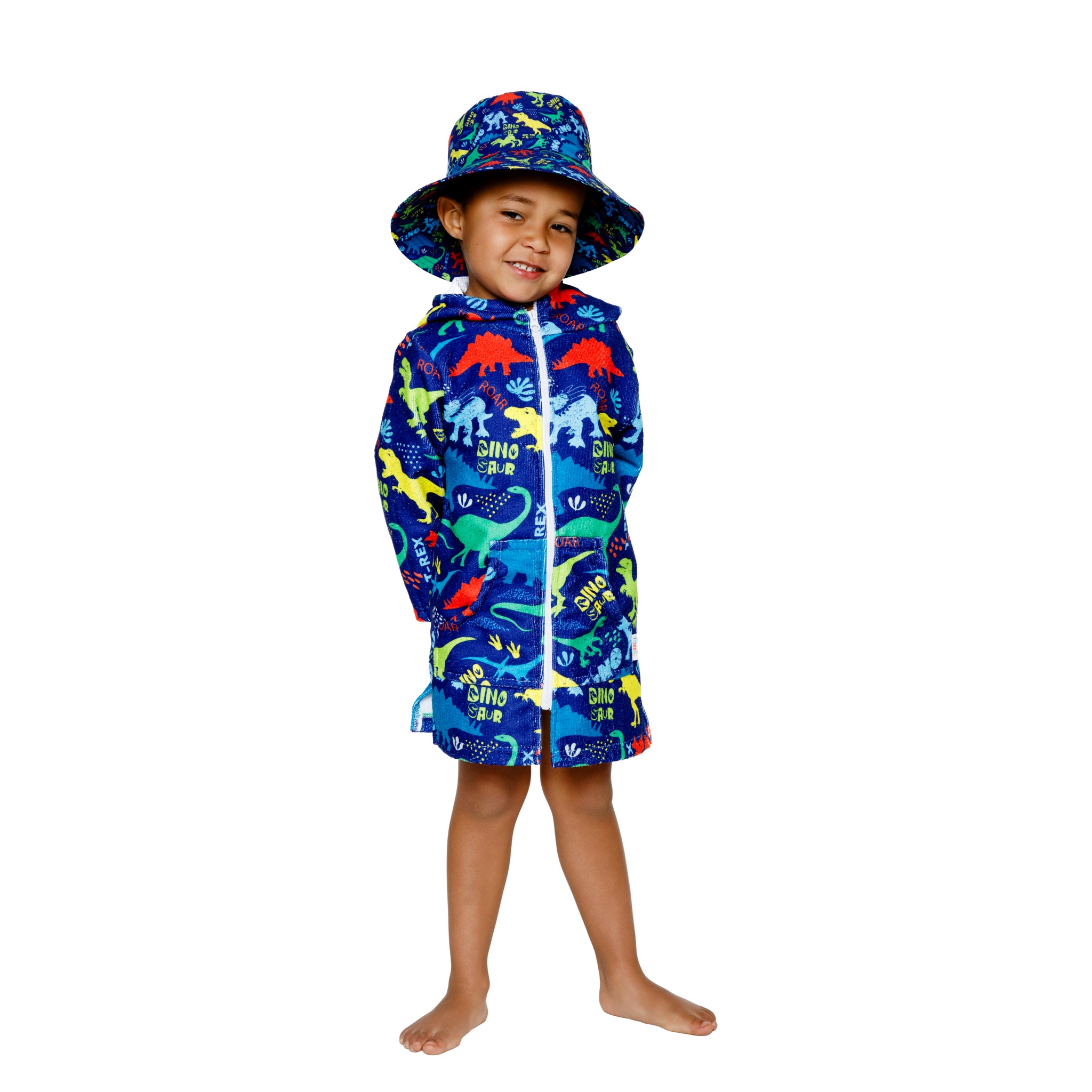 Boys Dinosaurs Hooded Towel. Beach accessory. Hoodie to cover head. Long Sleeves. Front Zip & Pockets. UPF50+ Certified
