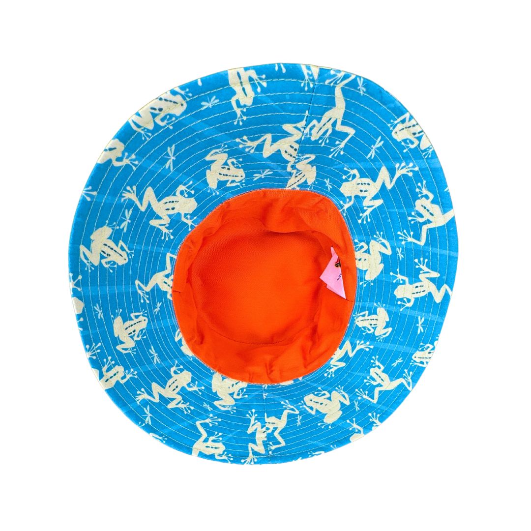 Kids Frogs Print Bucket Hat. Extra wide brim for sun protection. UPF50+ Adjustable strap.