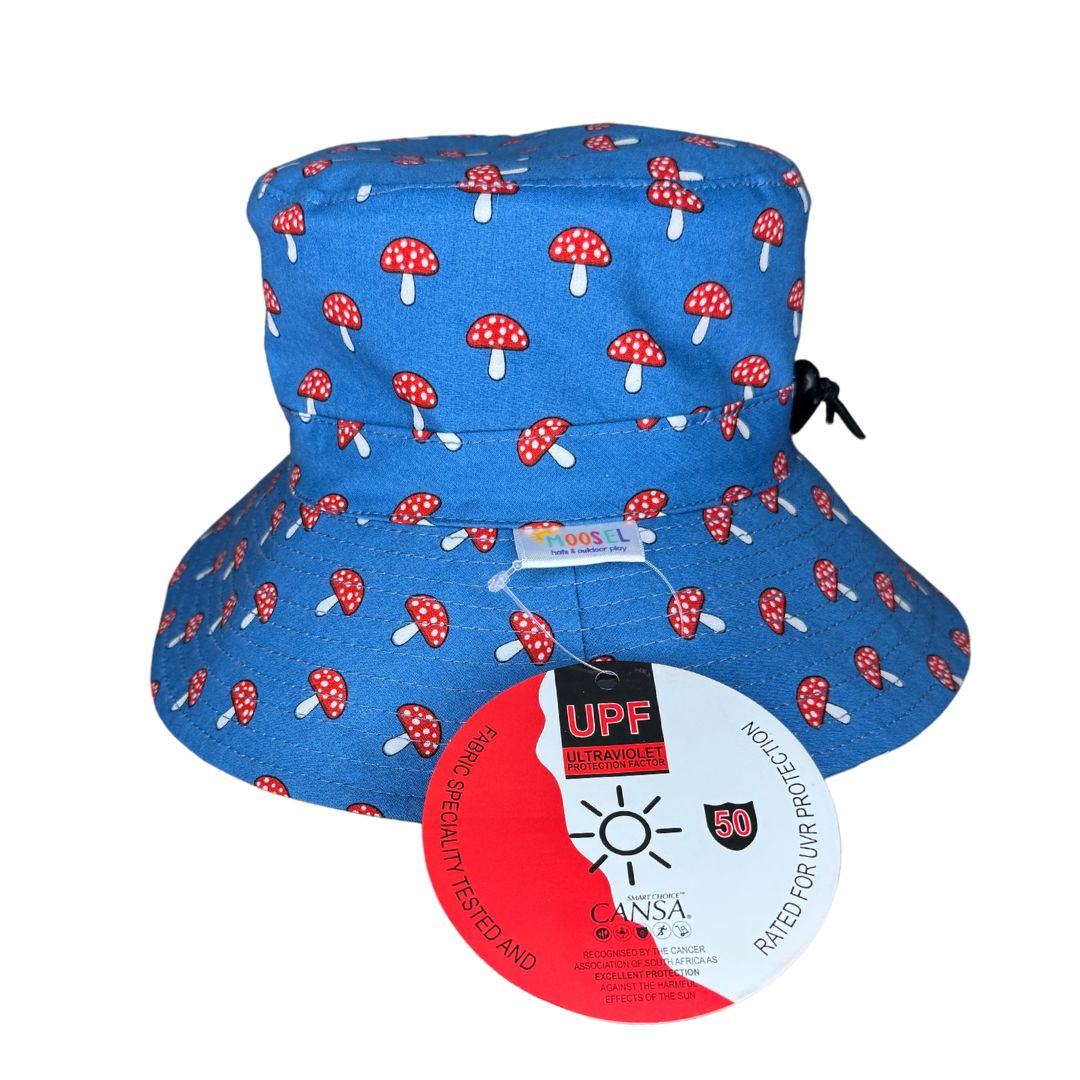 Toddler Baby Hat Garden Mushrooms Bucket Hat. Extra wide brim for sun protection. UPF50+ Adjustable strap.