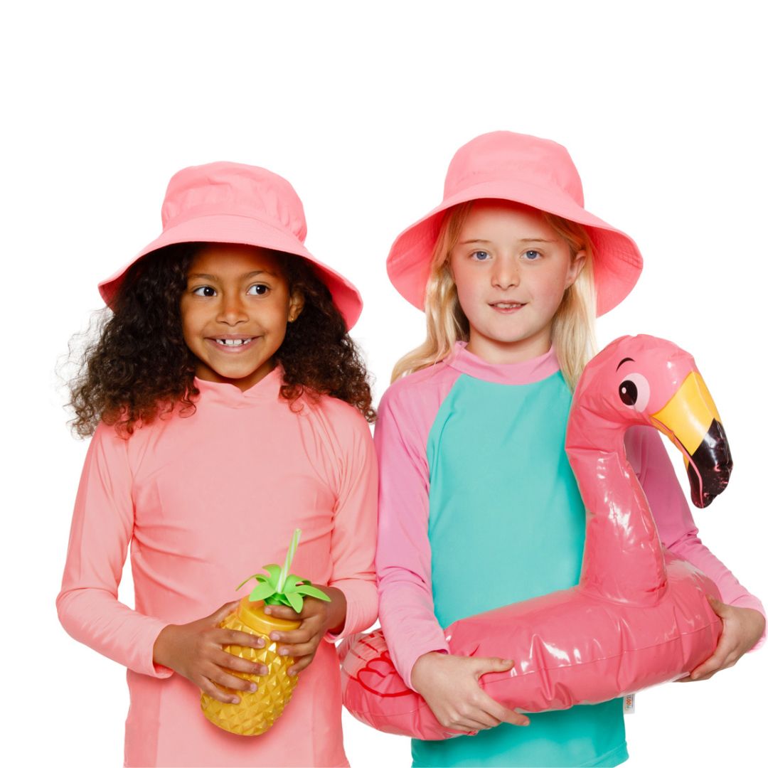Bright Kids Swim Bucket Hat. Extra wide brim for sun protection. UPF50+ Adjustable strap for windy days. Visible in water
