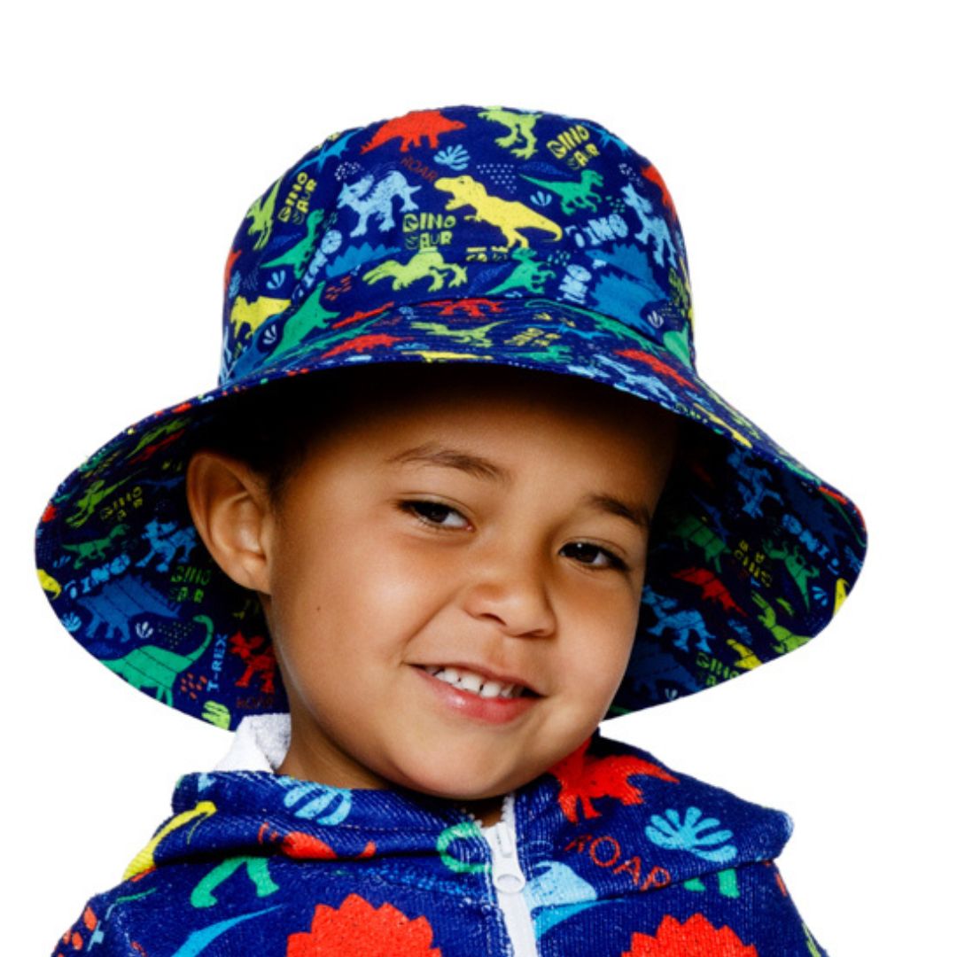 Boys Dinosaurs Print Bucket Hat. Extra wide brim for sun protection. UPF50+ Adjustable strap. Bestselling kids hat.