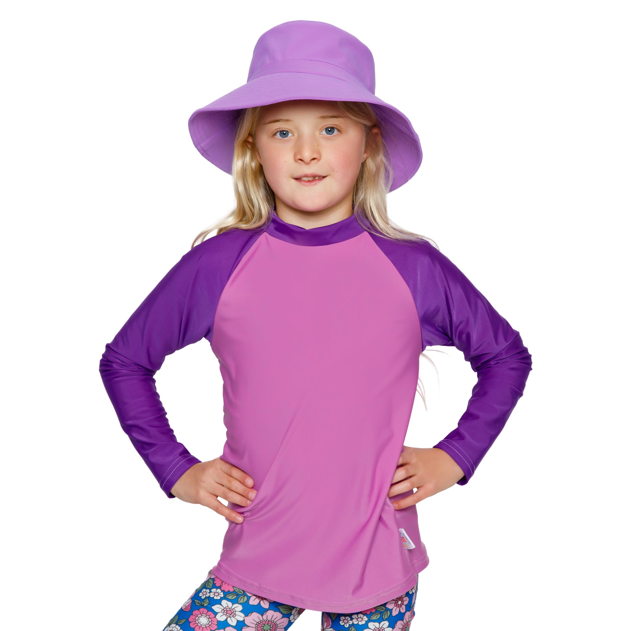 Girls Pink Purple Rash Vest. Swim wear. Swim apparel. Long Sleeves, High Neck, UPF50+ Sun protection. Dermatologist approved