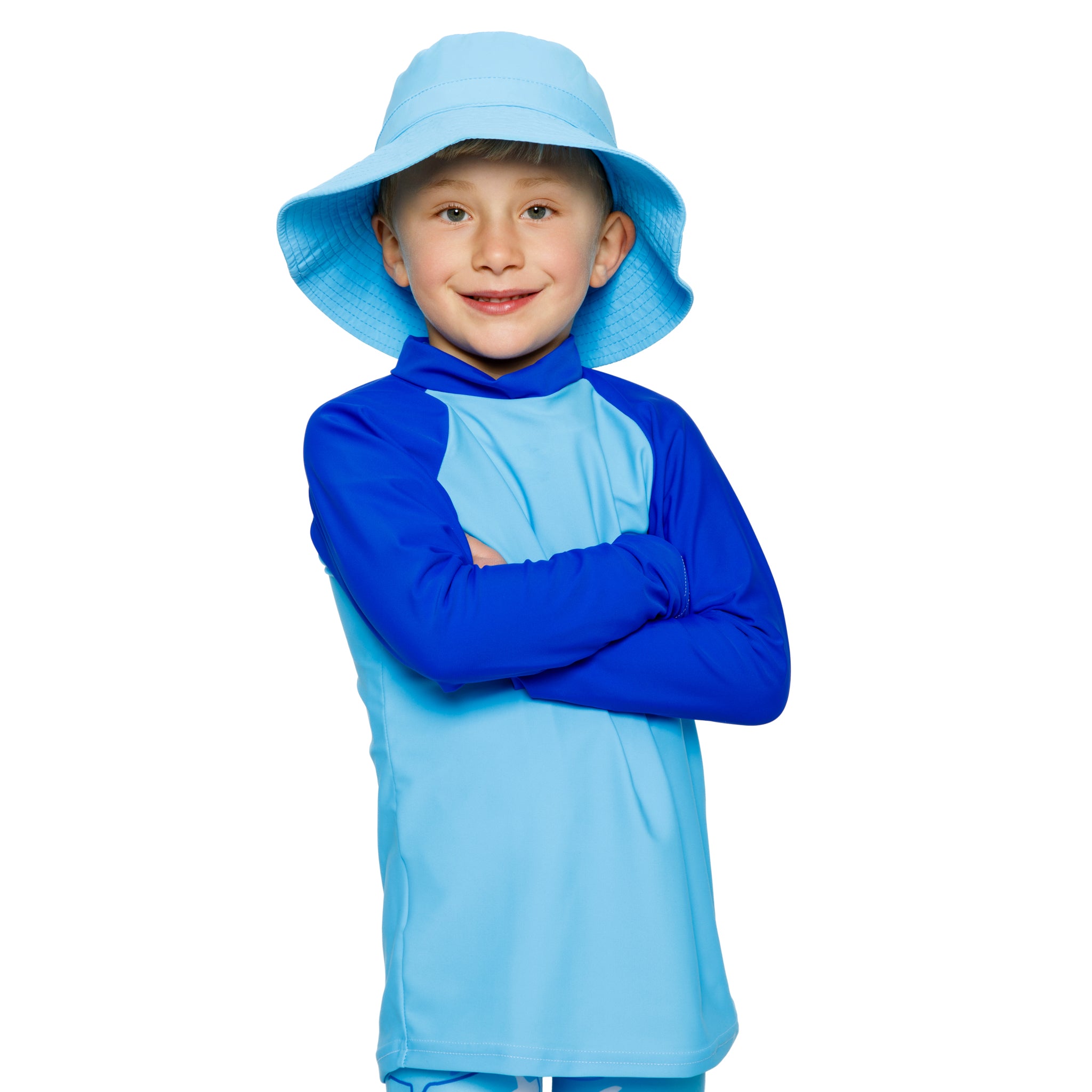 Boys Blue Rash Vest. Swim wear. Swim apparel. Long Sleeves, High Neck, UPF50+ Sun protection. Dermatologist approved