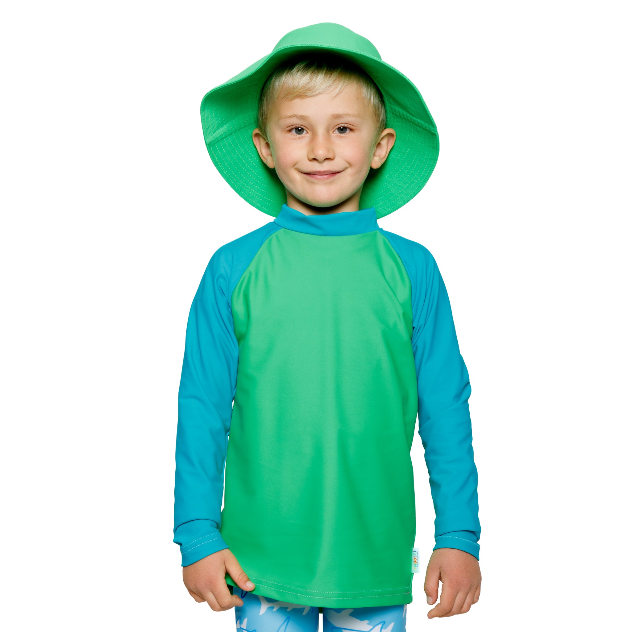 Boys Green Rash Vest. Swim wear. Swim apparel. Long Sleeves, High Neck, UPF50+ Sun protection. Dermatologist approved