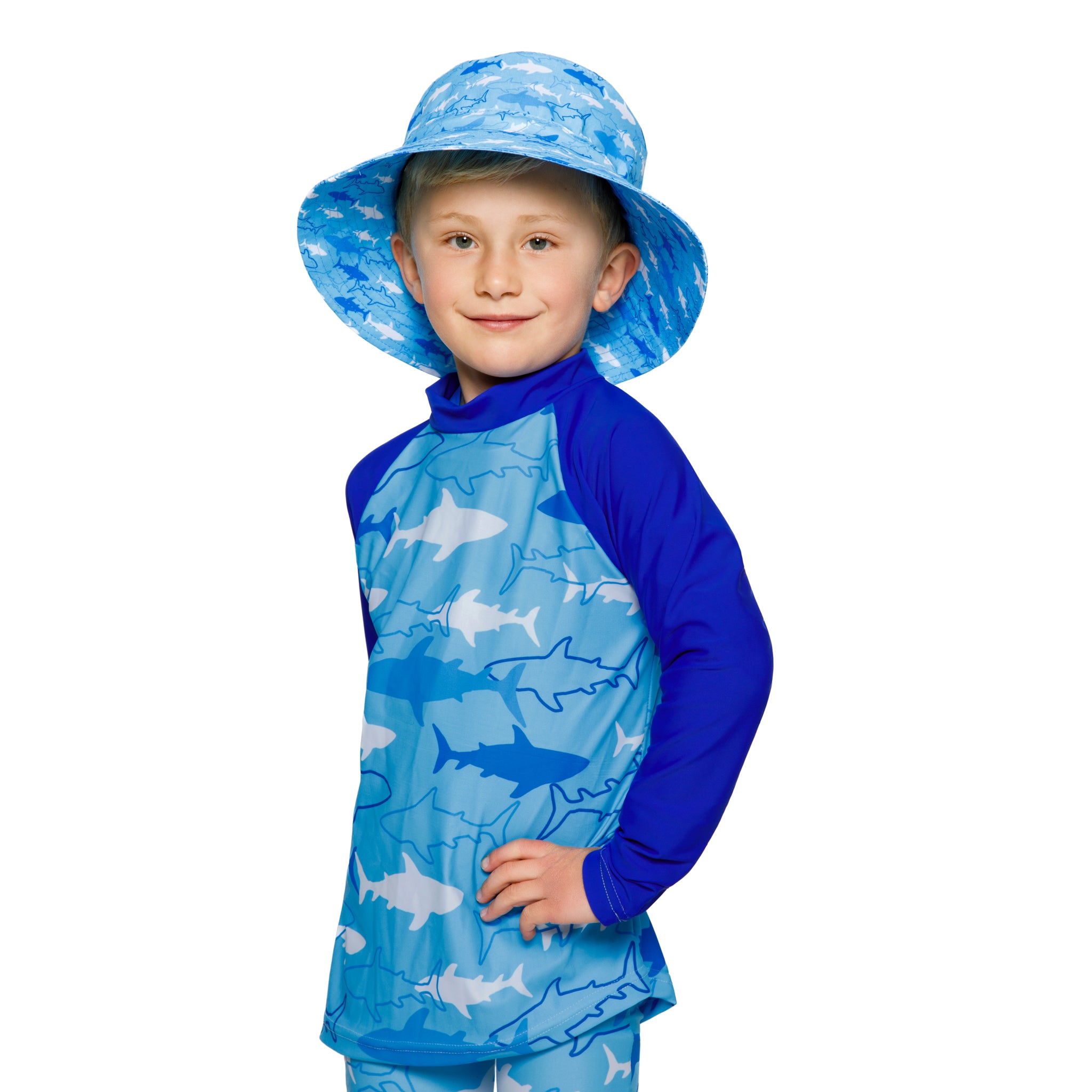 Boys Blue Sharks Swim Rash Vest | Long Sleeve, High Neck