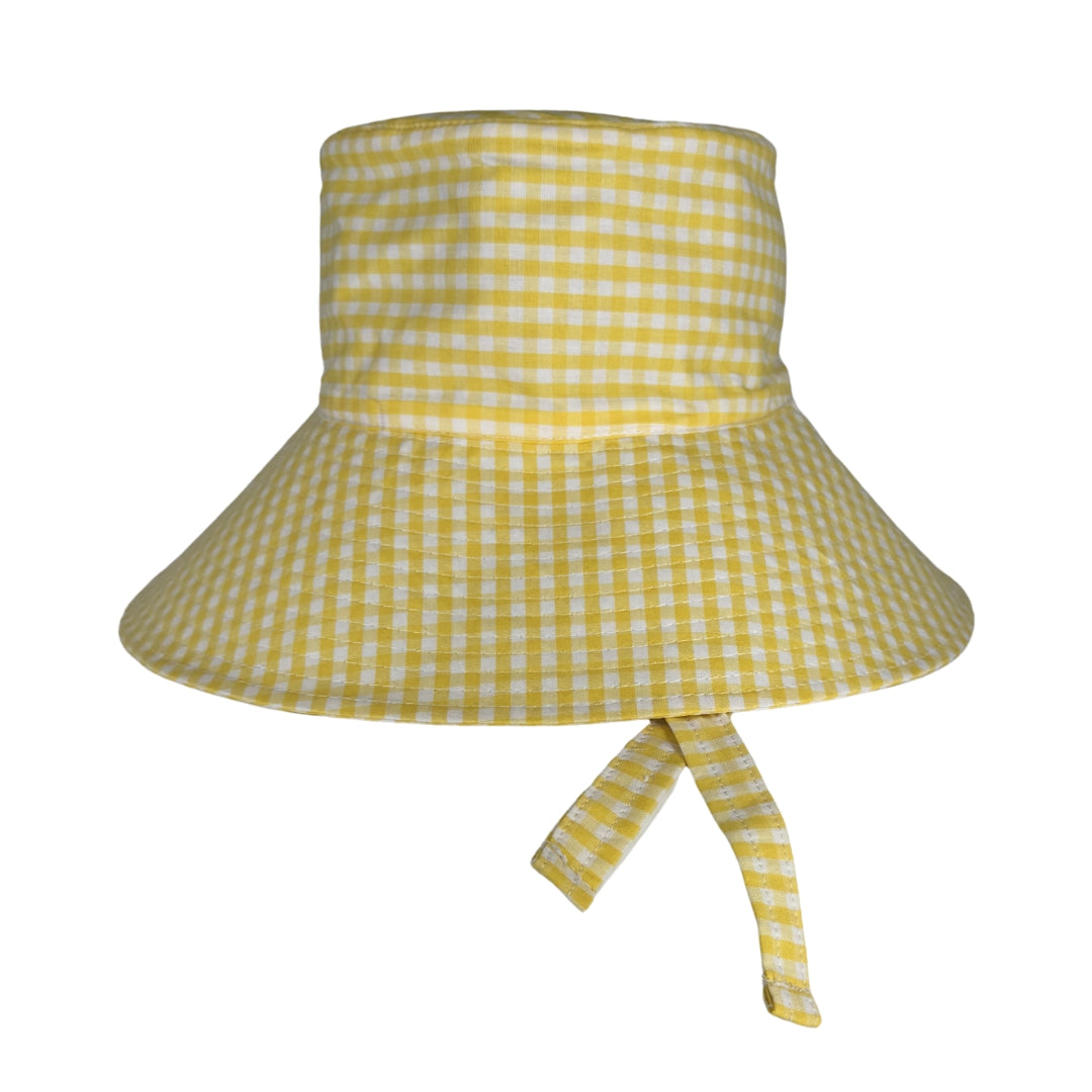Gingham Ladies Bucket Hat - Ultra Wide Brim - Yellow