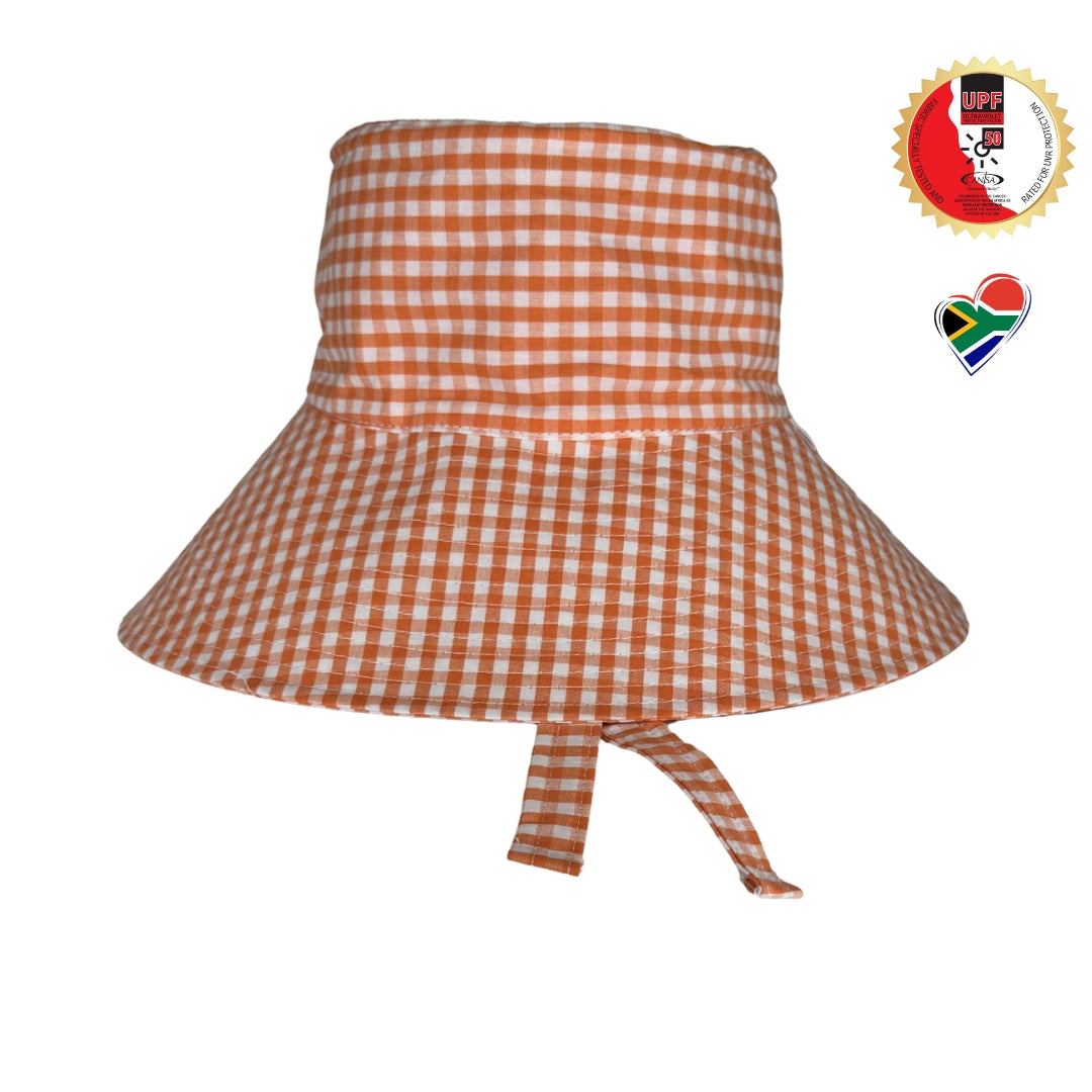 Orange Gingham | Ultra Wide Brim Bucket Hat
