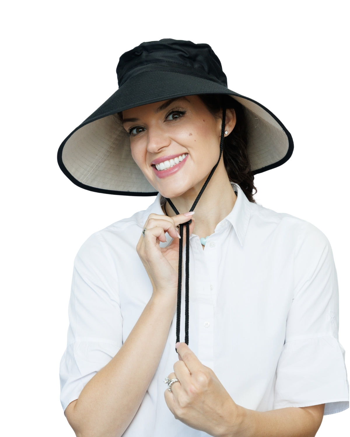 Black/Beige Chin Strap | Ladies Ultra Wide Brim Bucket Hat