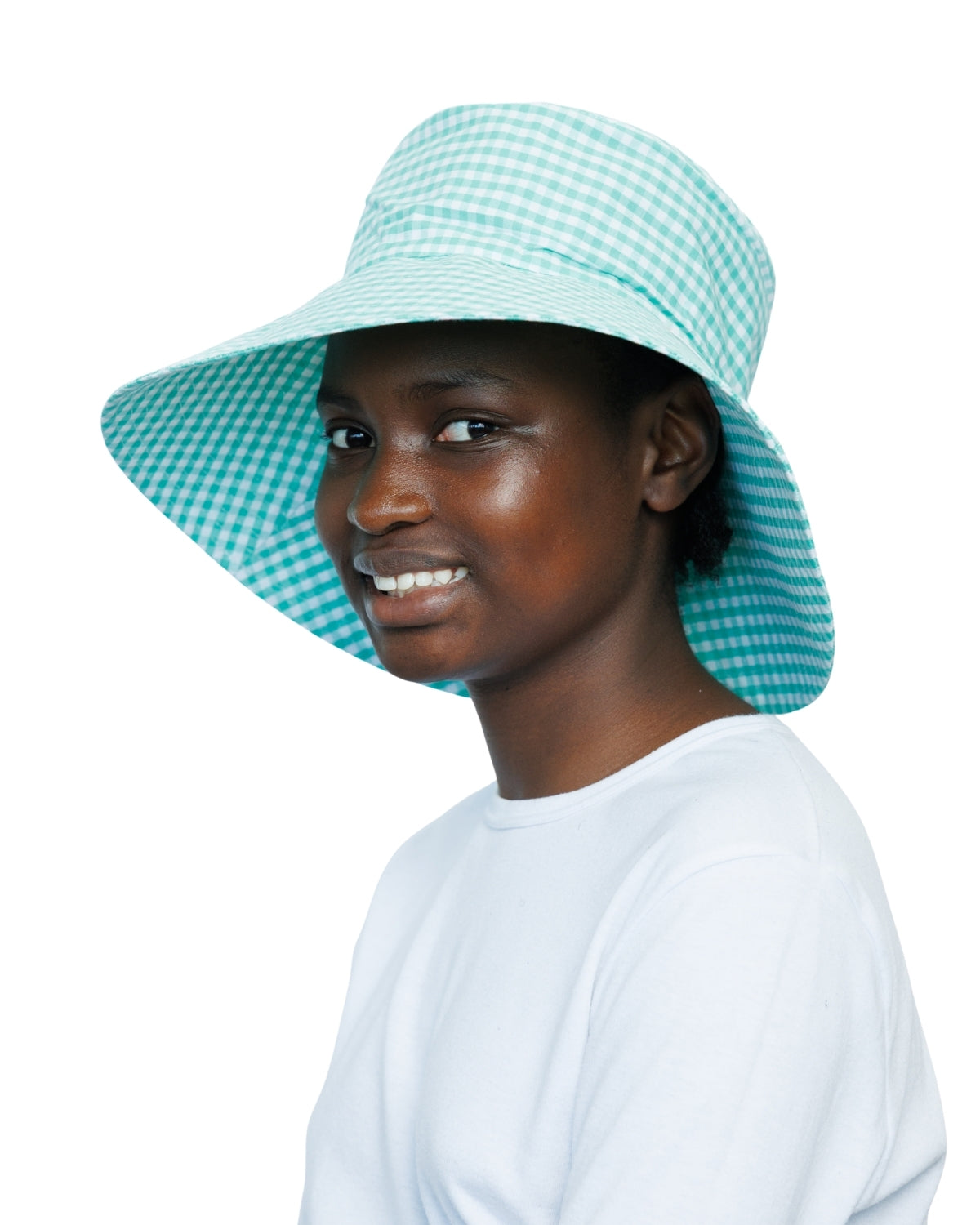 Teal Gingham | Ultra Wide Brim Bucket Hat