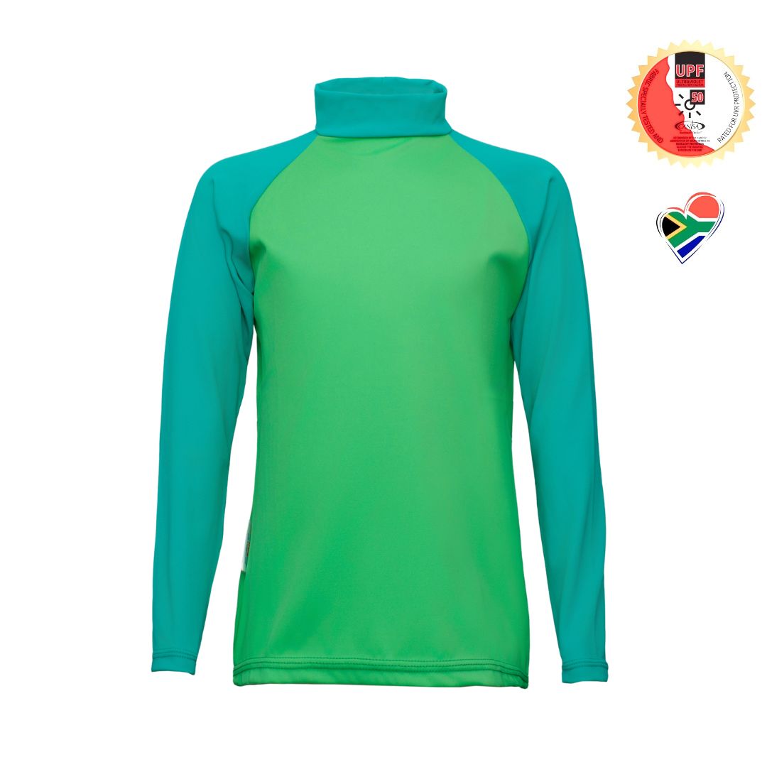 Boys Green Rash Vest. Swim wear. Swim apparel. Long Sleeves, High Neck, UPF50+ Sun protection. Dermatologist approved