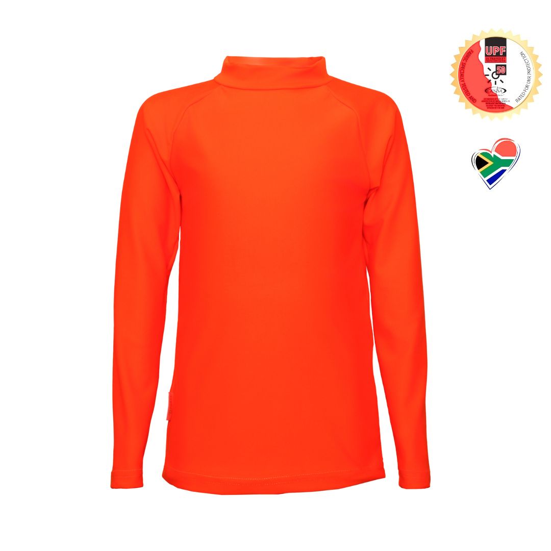 Kids Bright Orange Neon Rash Vest. Spot your kids in water. Swim wear. Swim apparel. Long Sleeves, High Neck, UPF50+ Sun protection. Dermatologist approved