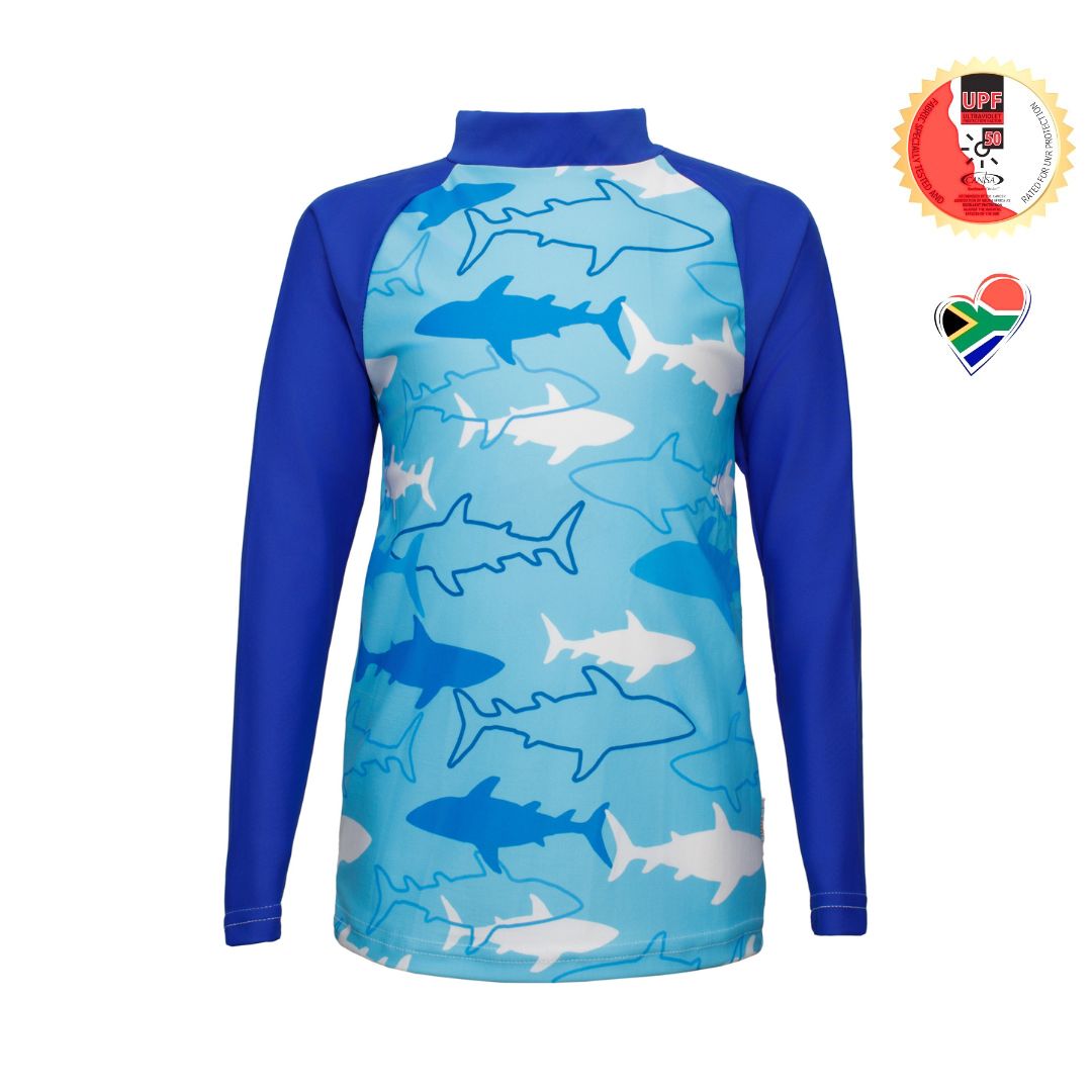 Boys Sharks Rash Vest. Swim wear. Swim apparel. Long Sleeves, High Neck, UPF50+ Sun protection. Dermatologist approved